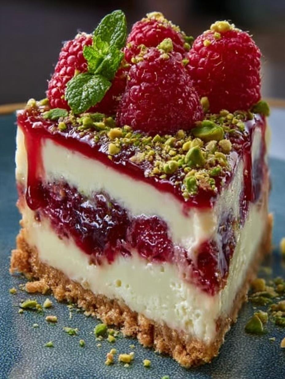 Pistachio Raspberry Crunch Cheesecake: 5 Delightful Layers 3 Pistachio Raspberry Crunch Cheesecake: 5 Delightful Layers - Pistachio Raspberry Crunch Cheesecake - additional detail