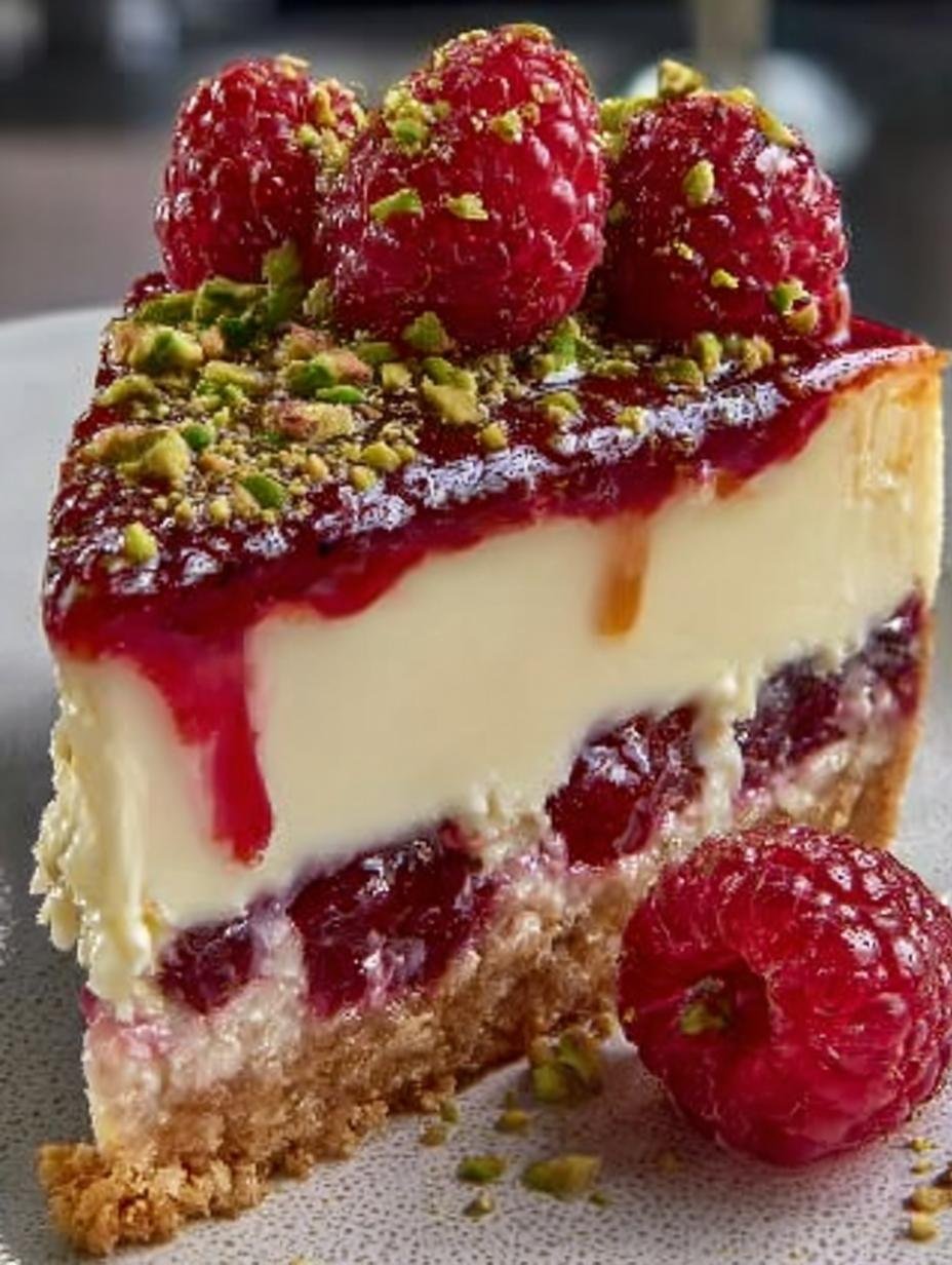 Pistachio Raspberry Crunch Cheesecake: 5 Delightful Layers 1 Pistachio Raspberry Crunch Cheesecake