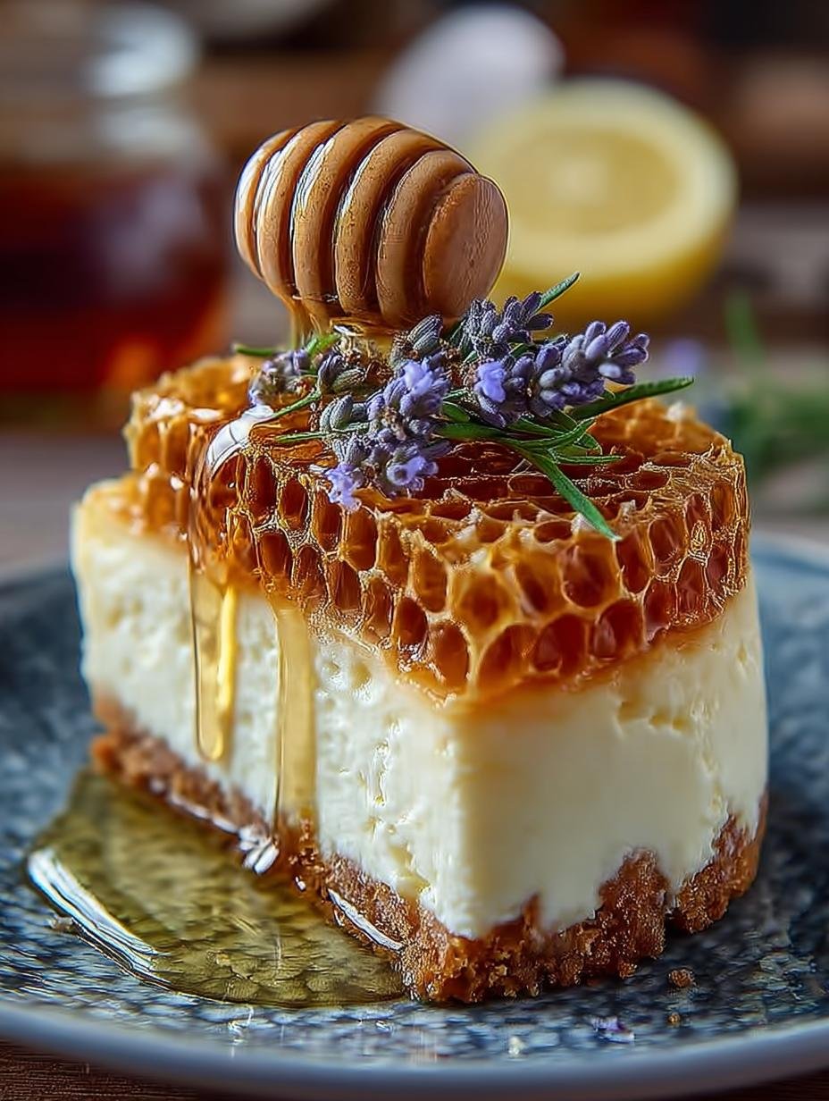 Lemon Lavender Cheesecake Topped with Honeycomb