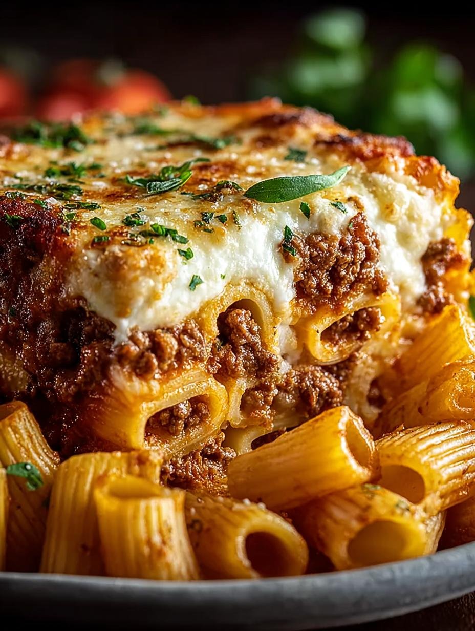 Baked Rigatoni Stuffed with Beef Ragu & Mozzarella Delight - Baked Rigatoni Stuffed with Beef Ragu & Mozzarella - main visual representation
