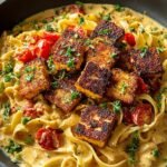 Savory Vegan Creamy Cajun Pasta with Crispy Breaded Tofu