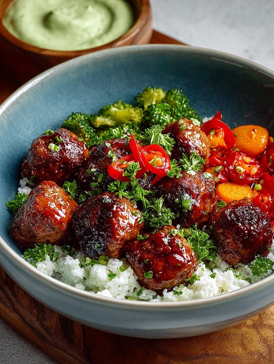 Savory Barbecue Meatball Bowls with Avocado Goddess Sauce - Barbecue Meatball Bowls, Avocado Goddess Sauce, Savory Meatball Recipe - additional detail