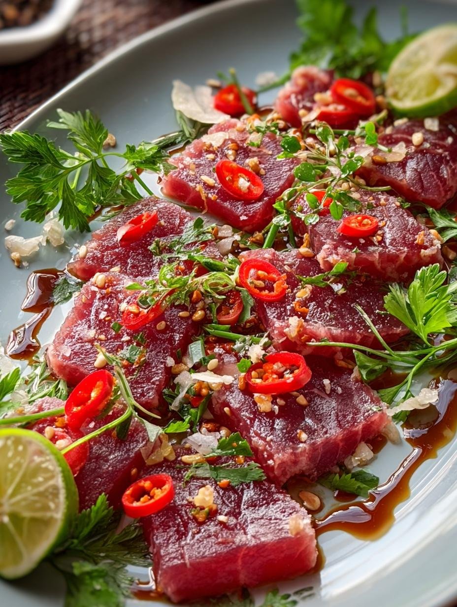Savory Vietnamese Beef Carpaccio with Fresh Herbs and Zing - VIETNAMESE BEEF CARPACCIO - main visual representation